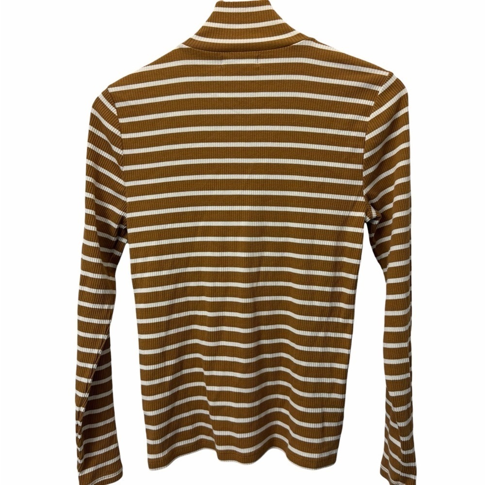 J.Crew Ribbed Mock Neck Striped Sweater M Camel Brown White Coastal Classic - Picture 3 of 8